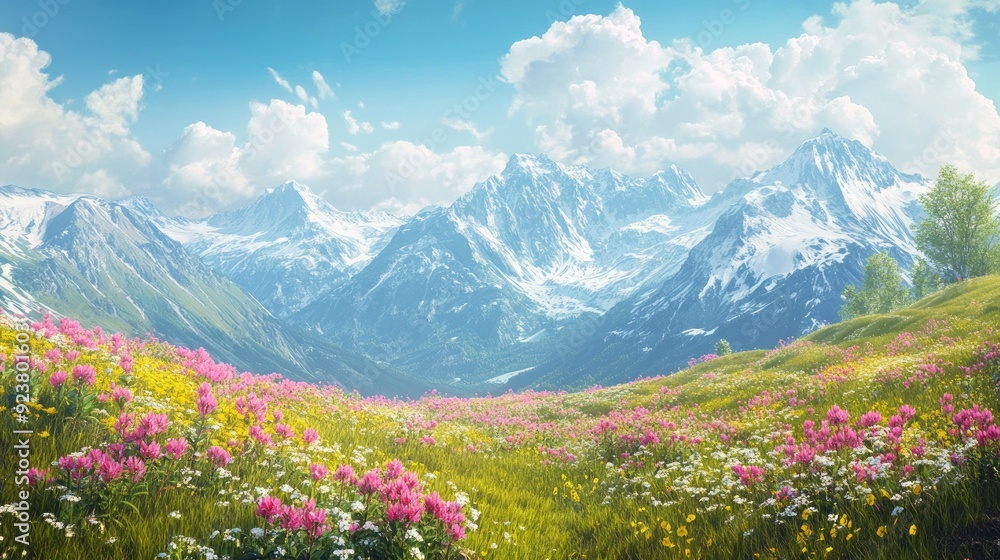 Scenic Alpine view with blooming meadows and snow-capped peaks. Copy space available for branding Scenic Alpine view with blooming meadows and snow-capped peaks. Copy space available for branding