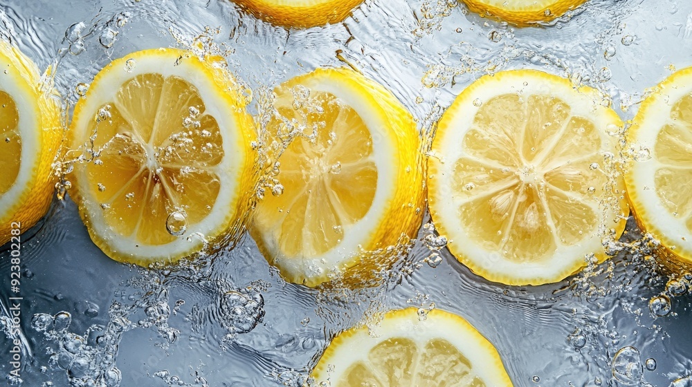 Sliced lemons with splashes of water, from a top view. Copy space at the bottom for text Sliced lemons with splashes of water, from a top view. Copy space at the bottom for text