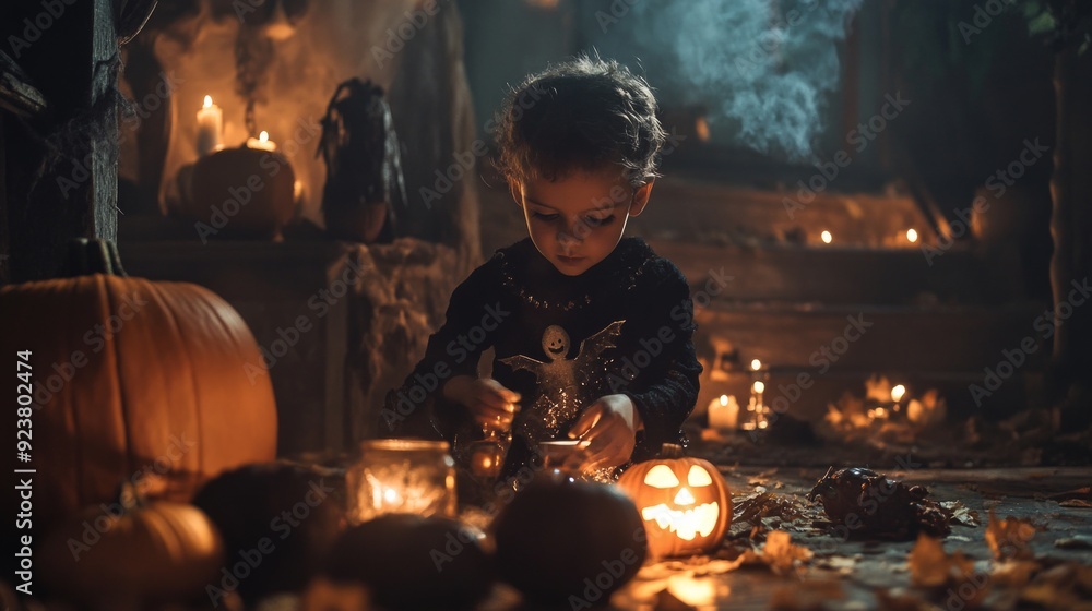 A child exploring a magical autumn scene surrounded by pumpkins and glowing candles. The warm light creates a cozy atmosphere perfect for Halloween festivities. Captured in a whimsical style. AI A child exploring a magical autumn scene surrounded by pumpkins and glowing candles. The warm light creates a cozy atmosphere perfect for Halloween festivities. Captured in a whimsical style. AI