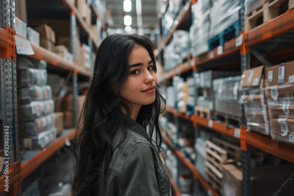 Woman with long black hair in a green jacket standing in a warehouse. Woman with long black hair in a green jacket standing in a warehouse.