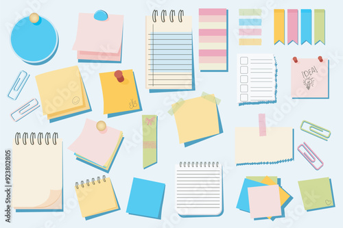 Cartoon sticky notes mega set elements in flat graphic design. Bundle objects of circle or square paper pages with pins, torn notepad sheets, to do lists, memo message reminders. Vector illustration.