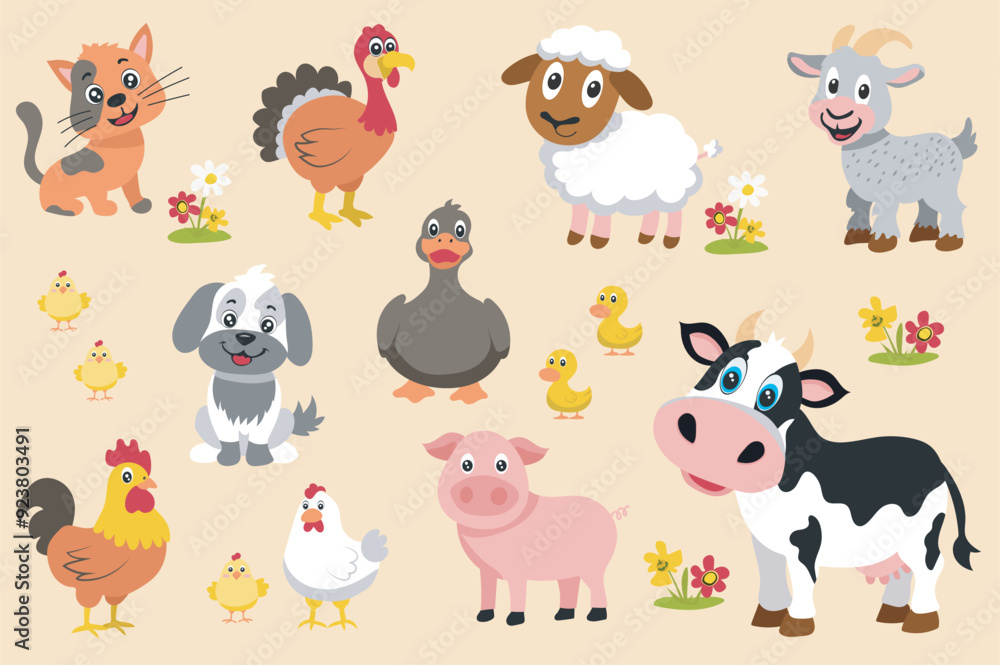 Cute farm animals mega set elements in flat graphic design. Bundle objects of funny cat, turkey, sheep, goat, chicks with chicken and rooster, dog, duck with duckling, cow, pig. Vector illustration. Cute farm animals mega set elements in flat graphic design. Bundle objects of funny cat, turkey, sheep, goat, chicks with chicken and rooster, dog, duck with duckling, cow, pig. Vector illustration.