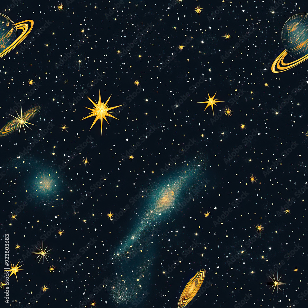 Fototapeta premium This captivating illustration showcases the vast beauty of outer space, featuring a dynamic array of planets, stars, and cosmic elements floating in the night sky. The artwork brings to life a mesmeri