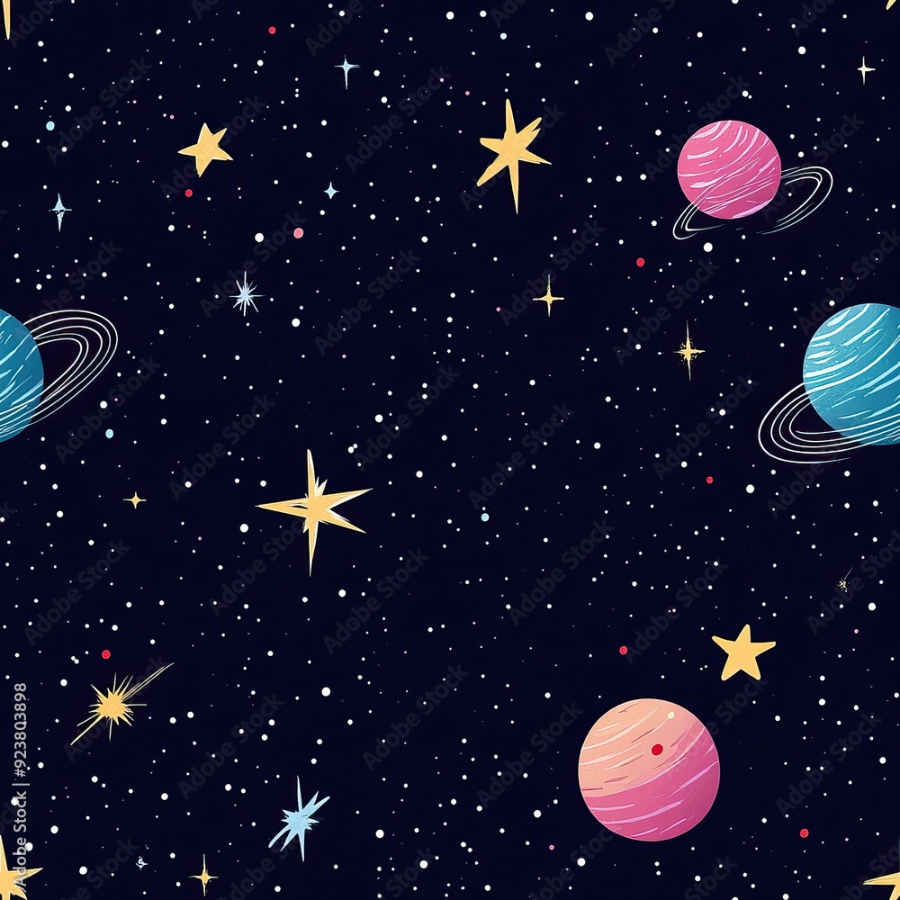 Fototapeta premium This captivating illustration showcases the vast beauty of outer space, featuring a dynamic array of planets, stars, and cosmic elements floating in the night sky. The artwork brings to life a mesmeri
