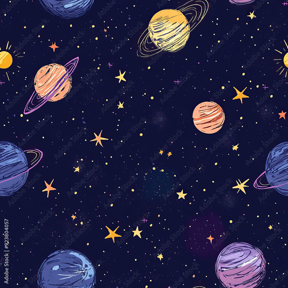 Naklejka premium This captivating illustration showcases the vast beauty of outer space, featuring a dynamic array of planets, stars, and cosmic elements floating in the night sky. The artwork brings to life a mesmeri