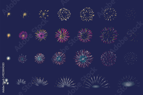 Firework animation mega set elements in flat graphic design. Bundle objects of different salute explosion in sequence action, glow pyrotechnic burst with sparkling step by step. Vector illustration.