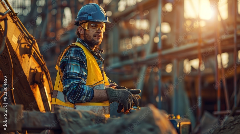 A construction worker, wearing a blue helmet, yellow reflective vest, and black gloves, standing on the left side of an excavator. The construction site is visible with steel A construction worker, wearing a blue helmet, yellow reflective vest, and black gloves, standing on the left side of an excavator. The construction site is visible with steel