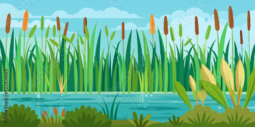 Swamp grass seamless border, vector reed plant, marsh bush, pond cattail shrub, cartoon nature clipart. Landscape river floral design element, green isolated blades, leaf vegetation. Swamp lake grass photo