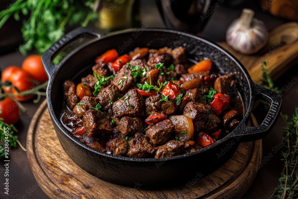 Delicious Beef Stew in Cast Iron Pot with Fresh Vegetables Delicious Beef Stew in Cast Iron Pot with Fresh Vegetables