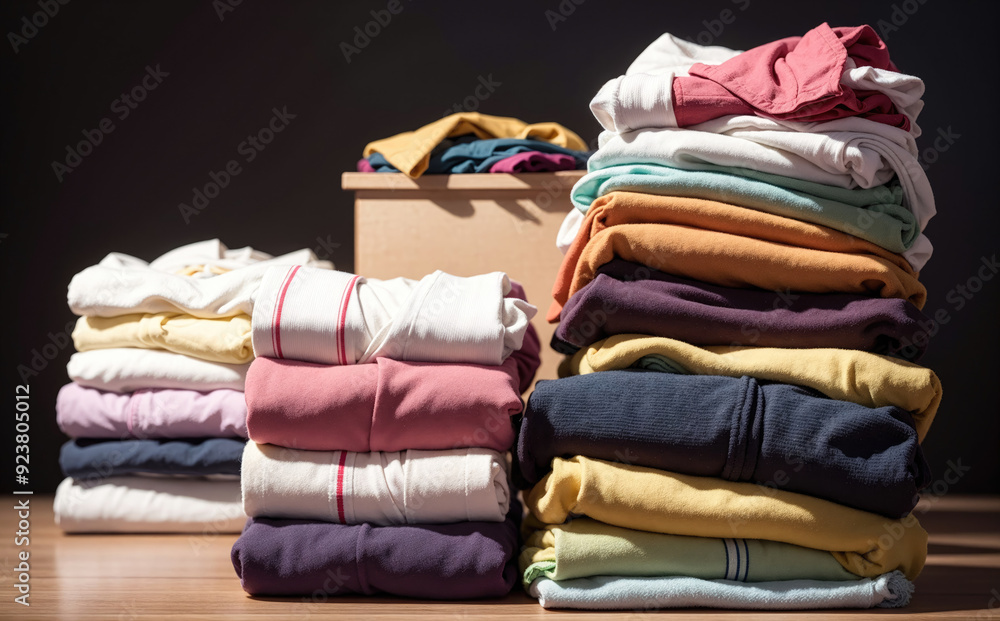 Neatly Folded Clothes Stacked In A Laundry Room During Afternoon Light Neatly Folded Clothes Stacked In A Laundry Room During Afternoon Light