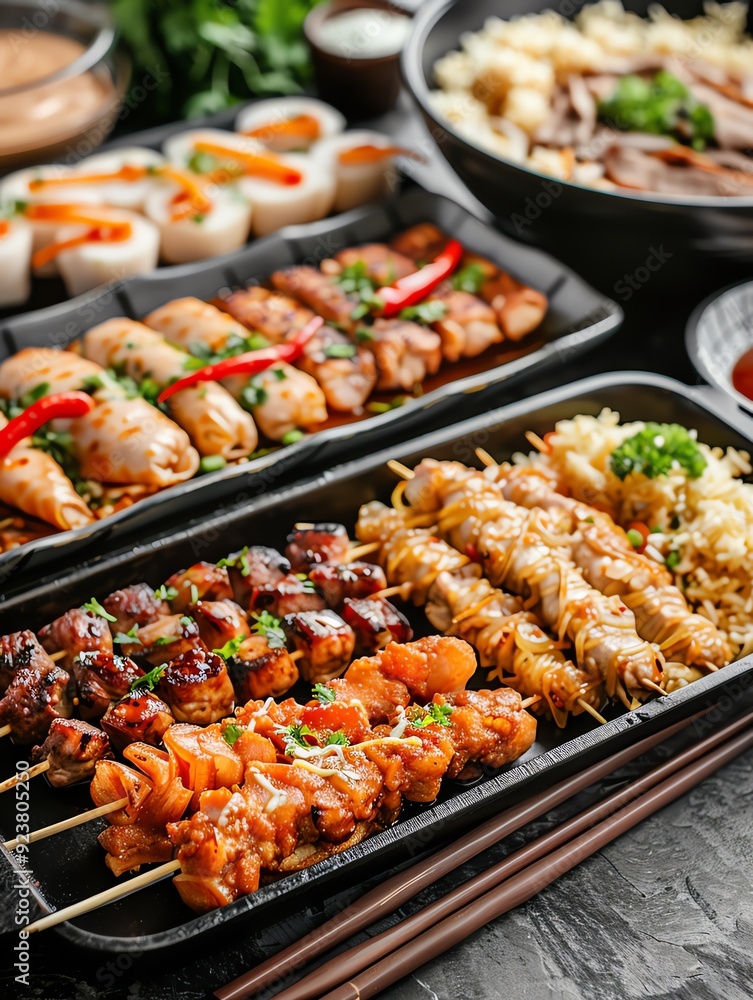Assortment of grilled meat skewers and other Asian dishes. Assortment of grilled meat skewers and other Asian dishes.