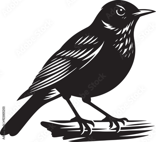 An American robin bird silhouette captures its plump body, upright stance, and iconic tail, emphasizing its graceful, perched form.