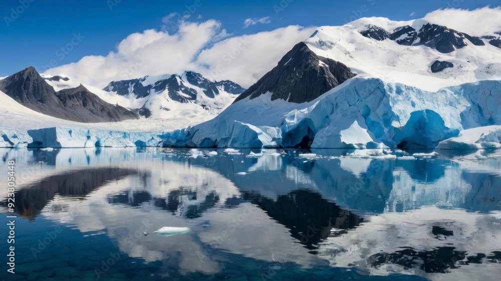 Blue glacier reflected in Arctic waters, snow-capped mountains Blue glacier reflected in Arctic waters, snow-capped mountains