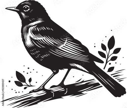 An American robin bird silhouette captures its plump body, upright stance, and iconic tail, emphasizing its graceful, perched form.