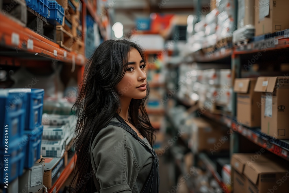 Young woman with long black hair stands in a warehouse aisle, looking towards the camera. Young woman with long black hair stands in a warehouse aisle, looking towards the camera.