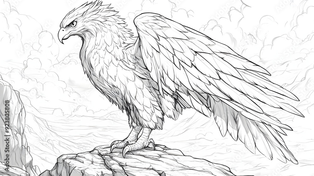 Obraz premium Powerful Griffin Perched on Craggy Cliff in Plain Line Drawing Style