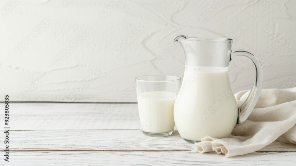 Featuring a glass jug and a full glass of milk on a light wooden surface with a white background Featuring a glass jug and a full glass of milk on a light wooden surface with a white background