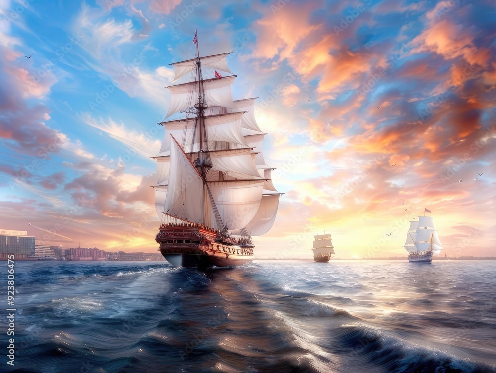 Fototapeta premium A majestic ship arriving at a harbor, greeted by cheering crowds, while another ship departs into the horizon, leaving a trail of waves behind
