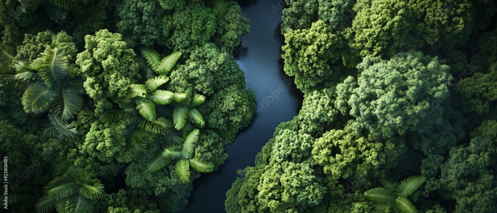 Top View of Tropical Rainforest River with Dense Canopy and Lush Plant Life Top View of Tropical Rainforest River with Dense Canopy and Lush Plant Life