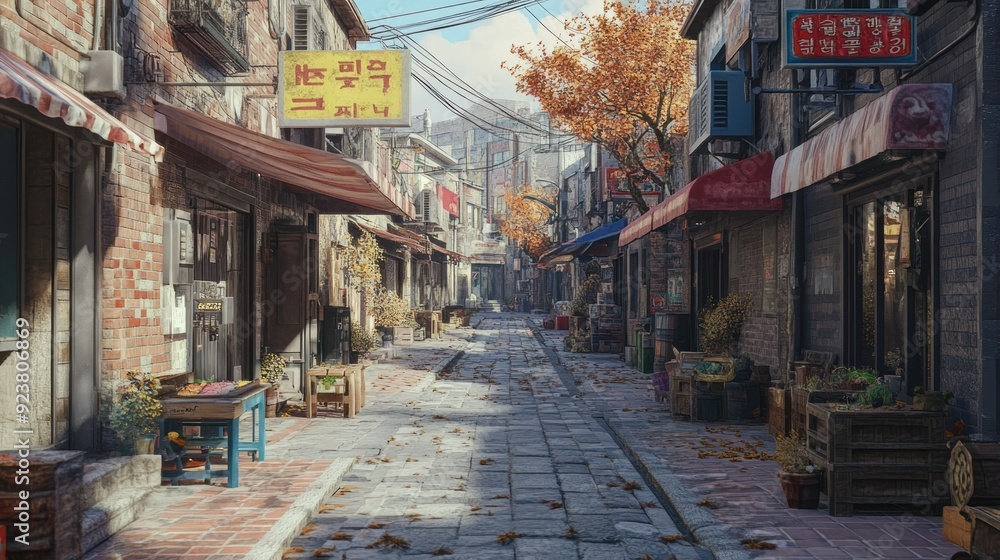 Fototapeta premium A Narrow Street Lined with Shops in an Asian City