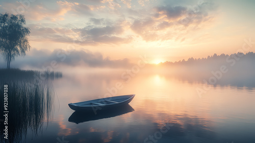 Serene sunrise over a misty lake with a lone boat reflecting in the water.