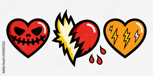 Broken heart gothic vector icon set, love sign rock gothic sticker, cracked grunge shapes, flame. Emo romance trendy print, y2k Valentine Day graffiti 90s art, breakup tattoo. Broken heart silhouette 