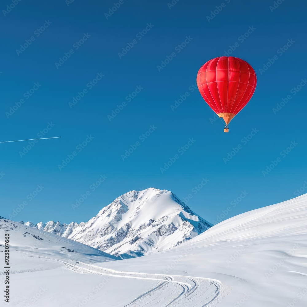 A hot air balloon rising against a backdrop of a cold, snowy peak, symbolizing adventure vs. serenity in the natural world A hot air balloon rising against a backdrop of a cold, snowy peak, symbolizing adventure vs. serenity in the natural world