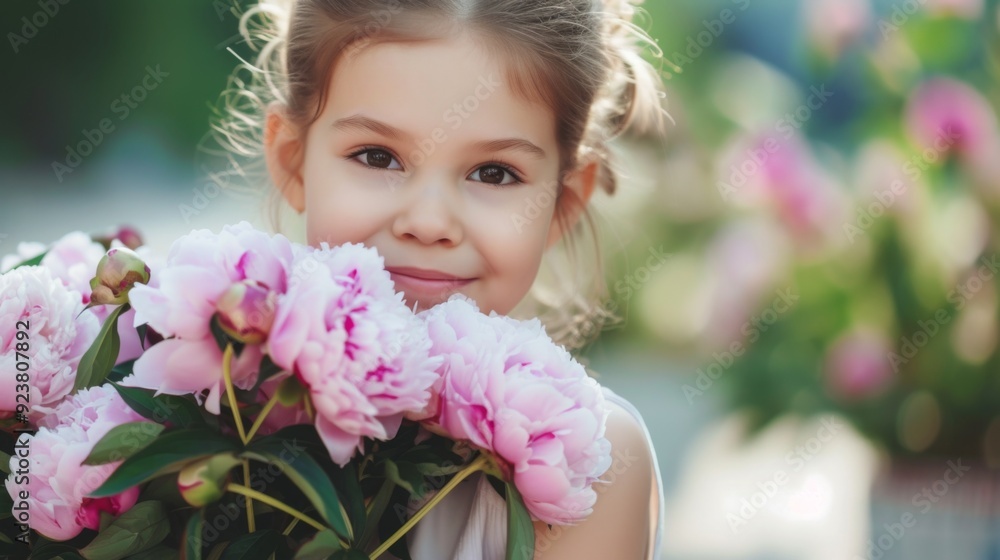 A young girl holding a bouquet of peonies A young girl holding a bouquet of peonies