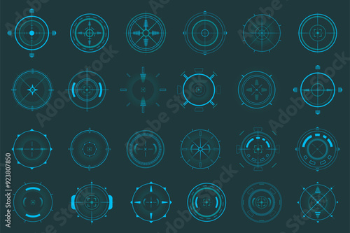HUD target pointer mega set elements in flat graphic design. Bundle objects of futuristic user interface with radars and dashboard infographic, military visual navigation system. Vector illustration.