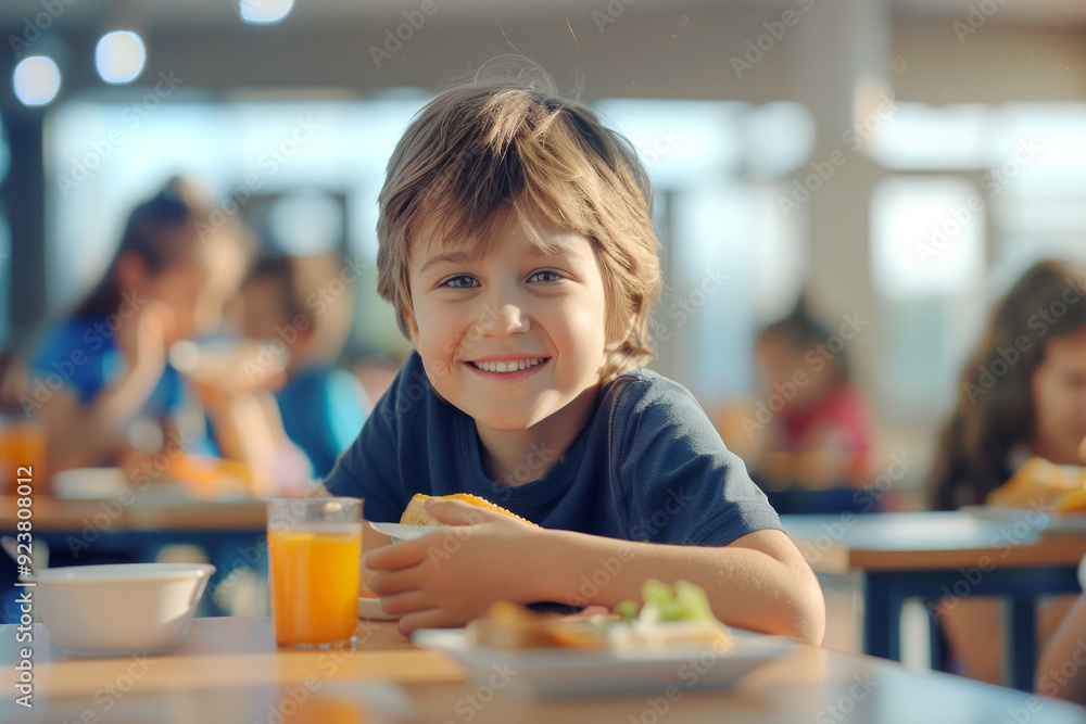 A cheerful elementary school student is having lunch during break in the school cafeteria. Cute child enjoys fresh healthy delicious food. A cheerful elementary school student is having lunch during break in the school cafeteria. Cute child enjoys fresh healthy delicious food.