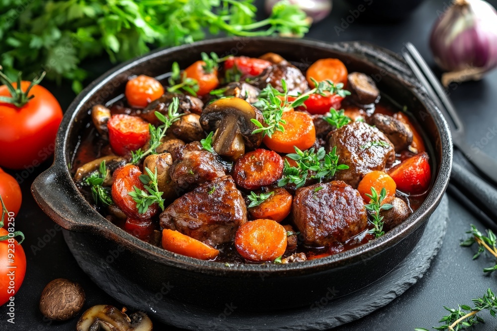 Delicious Homemade Beef Stew with Carrots and Mushrooms in Cast Iron Pot Delicious Homemade Beef Stew with Carrots and Mushrooms in Cast Iron Pot