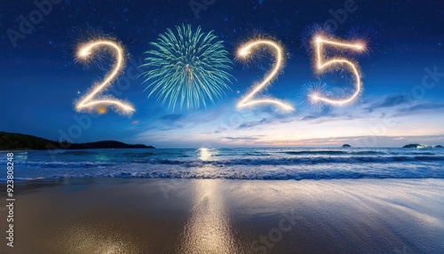 spark 2025 text on the beach, new year concept