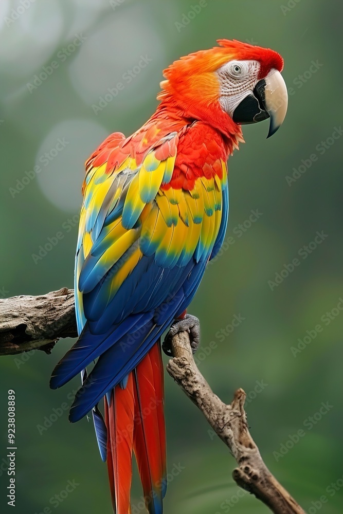 A Vibrant macaw teaching on branch in tropical info A Vibrant macaw teaching on branch in tropical info