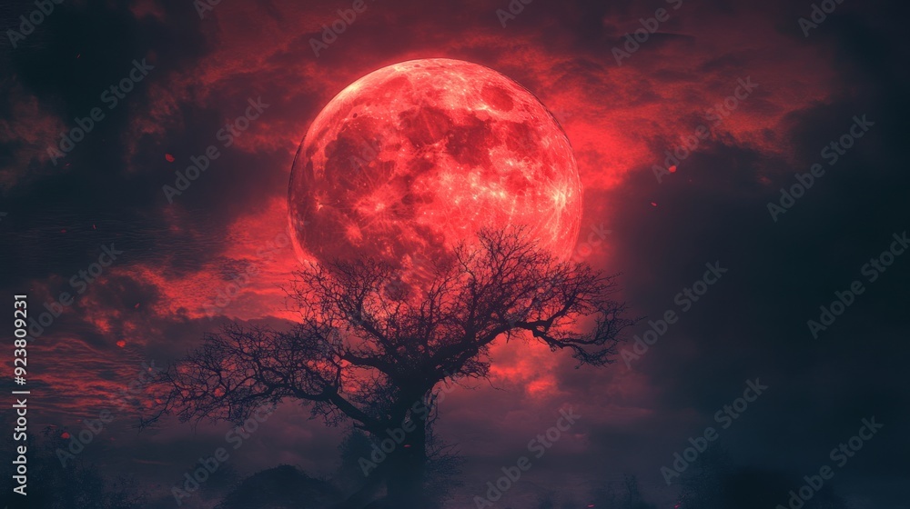 Blood Moon Over a Silhouetted Tree Blood Moon Over a Silhouetted Tree