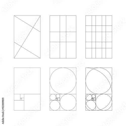 Golden ratio templates. Harmony proportions. Method golden section. Golden proportion. Fibonacci array, numbers. Line graphic illustration.