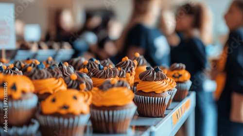 A group of community members or students selling spooky-themed baked goods, such as cupcakes and cookies, to raise funds for a cause. Responsibility, Community, Caring photo