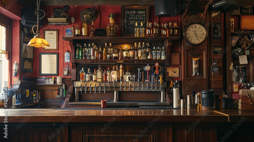 the counter bar in a cosy old english or irish pub with lots of whisky bottles in the background the counter bar in a cosy old english or irish pub with lots of whisky bottles in the background