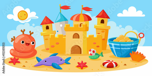 3D sand castle set, beach summer vacation vector clipart kit, kid bucket, red crab, starfish, ball. Cartoon ocean sea shore tower, tropical season object, gull, shell, children game. Coast sand castle