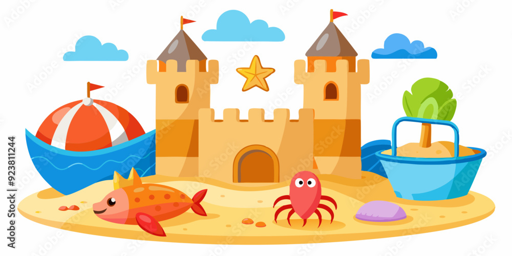3D sand castle set, beach summer vacation vector clipart kit, kid bucket, red crab, starfish, ball. Cartoon ocean sea shore tower, tropical season object, gull, shell, children game. Coast sand castle 3D sand castle set, beach summer vacation vector clipart kit, kid bucket, red crab, starfish, ball. Cartoon ocean sea shore tower, tropical season object, gull, shell, children game. Coast sand castle