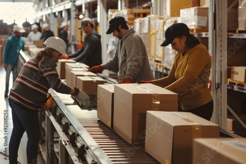People sort boxes on a conveyor belt.