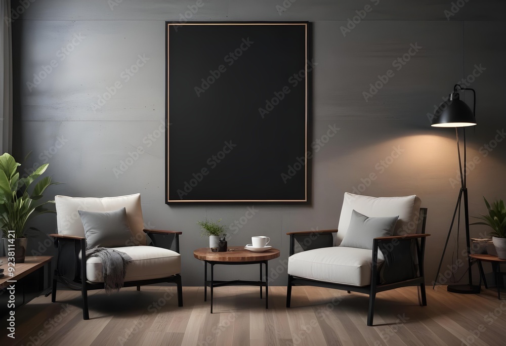 Fototapeta premium A modern living room with a large black frame on