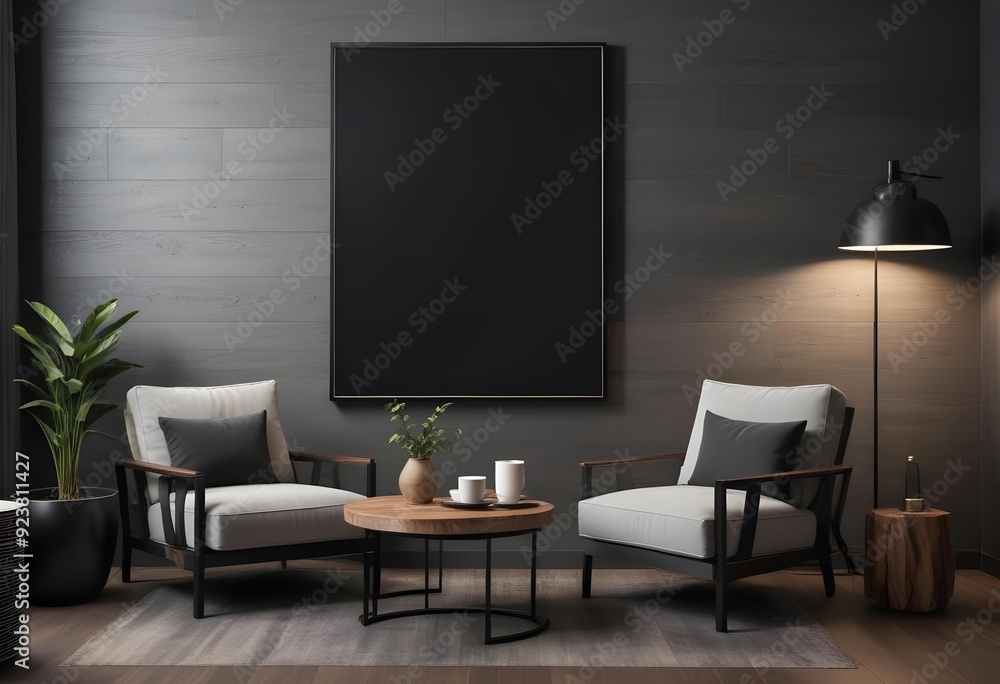 A modern living room with a large black frame on A modern living room with a large black frame on