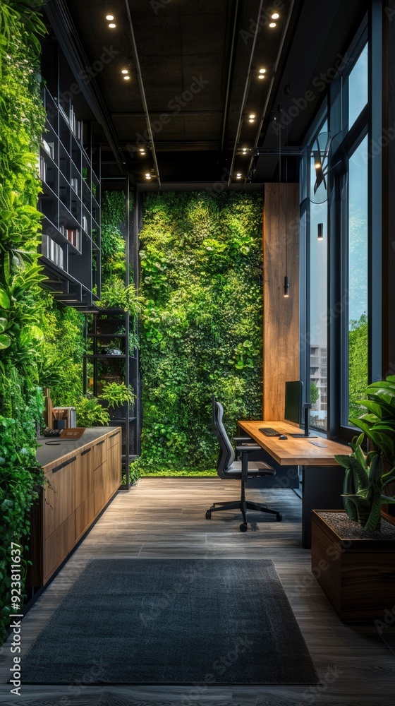 Modern Office Interior with Green Wall and Large Window Modern Office Interior with Green Wall and Large Window