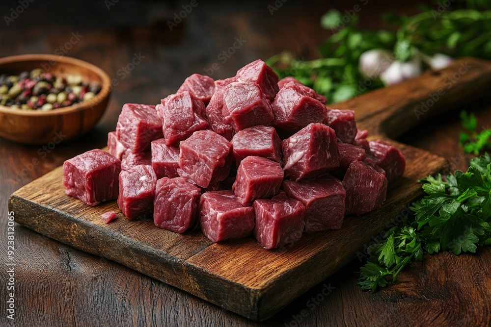 Fresh Diced Beef Cubes on Wooden Cutting Board with Herbs and Spices Fresh Diced Beef Cubes on Wooden Cutting Board with Herbs and Spices
