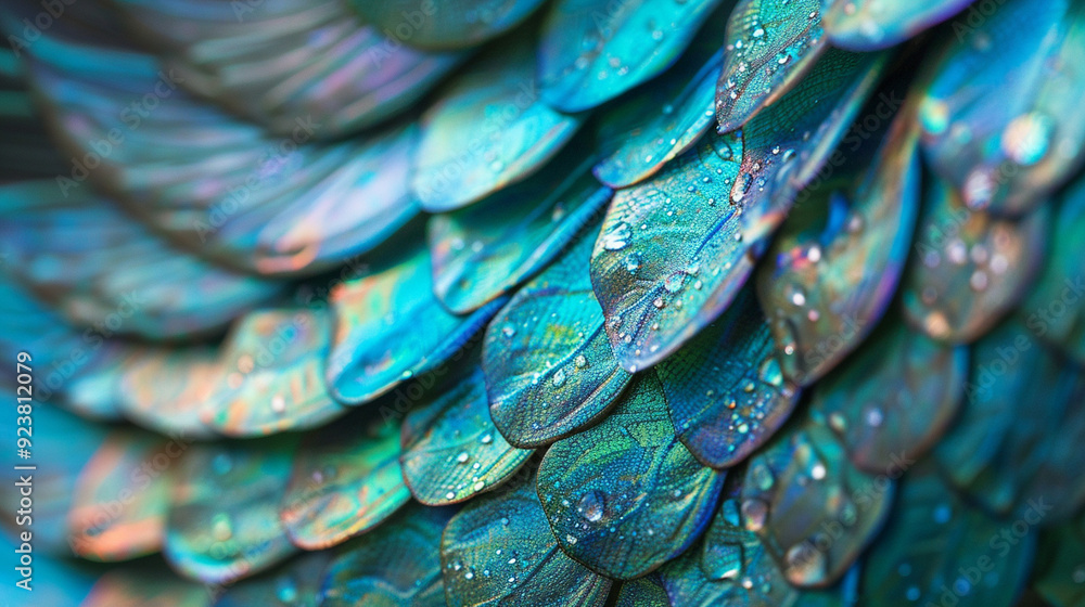 Obraz premium Detailed close-up of a mermaid's tail, showcasing the iridescent scales that shimmer with vibrant blues and greens