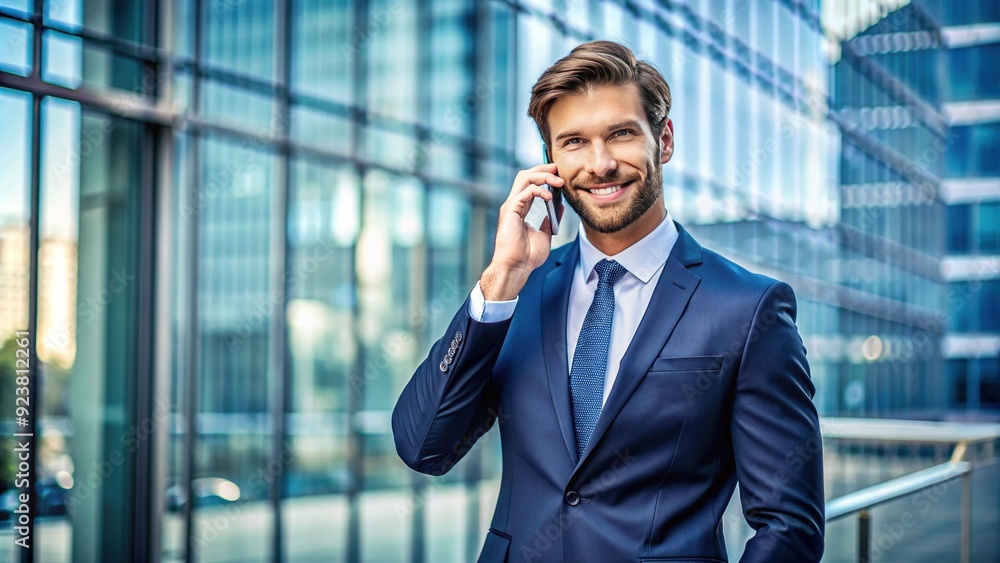 Confident professional in formal attire engages in a cordial call, exuding a sense of authority and approachability while standing in front of a modern corporate backdrop. Confident professional in formal attire engages in a cordial call, exuding a sense of authority and approachability while standing in front of a modern corporate backdrop.