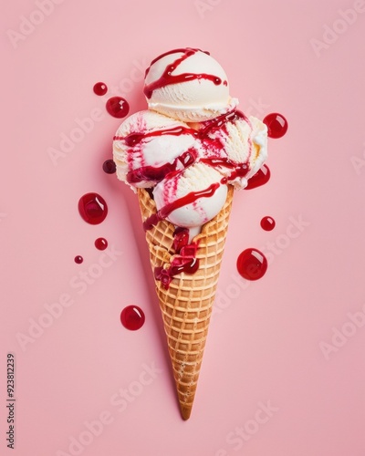 Ice cream cone with scoops topped with raspberry syrup on a pink background