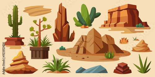 Desert rock set, vector canyon stone kit, wild west plants, environment nature objects, cactus, agave. Mountain solid boulder, cliff formation, landscape elements, succulent. Desert rock game clipart