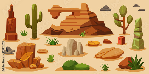 Desert rock set, vector canyon stone kit, wild west plants, environment nature objects, cactus, agave. Mountain solid boulder, cliff formation, landscape elements, succulent. Desert rock game clipart