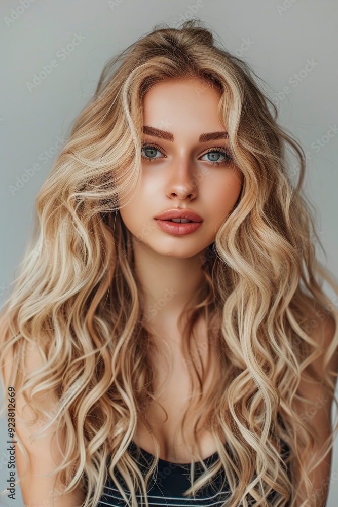 A Woman young wavy model fashion blond beauty shiny A Woman young wavy model fashion blond beauty shiny